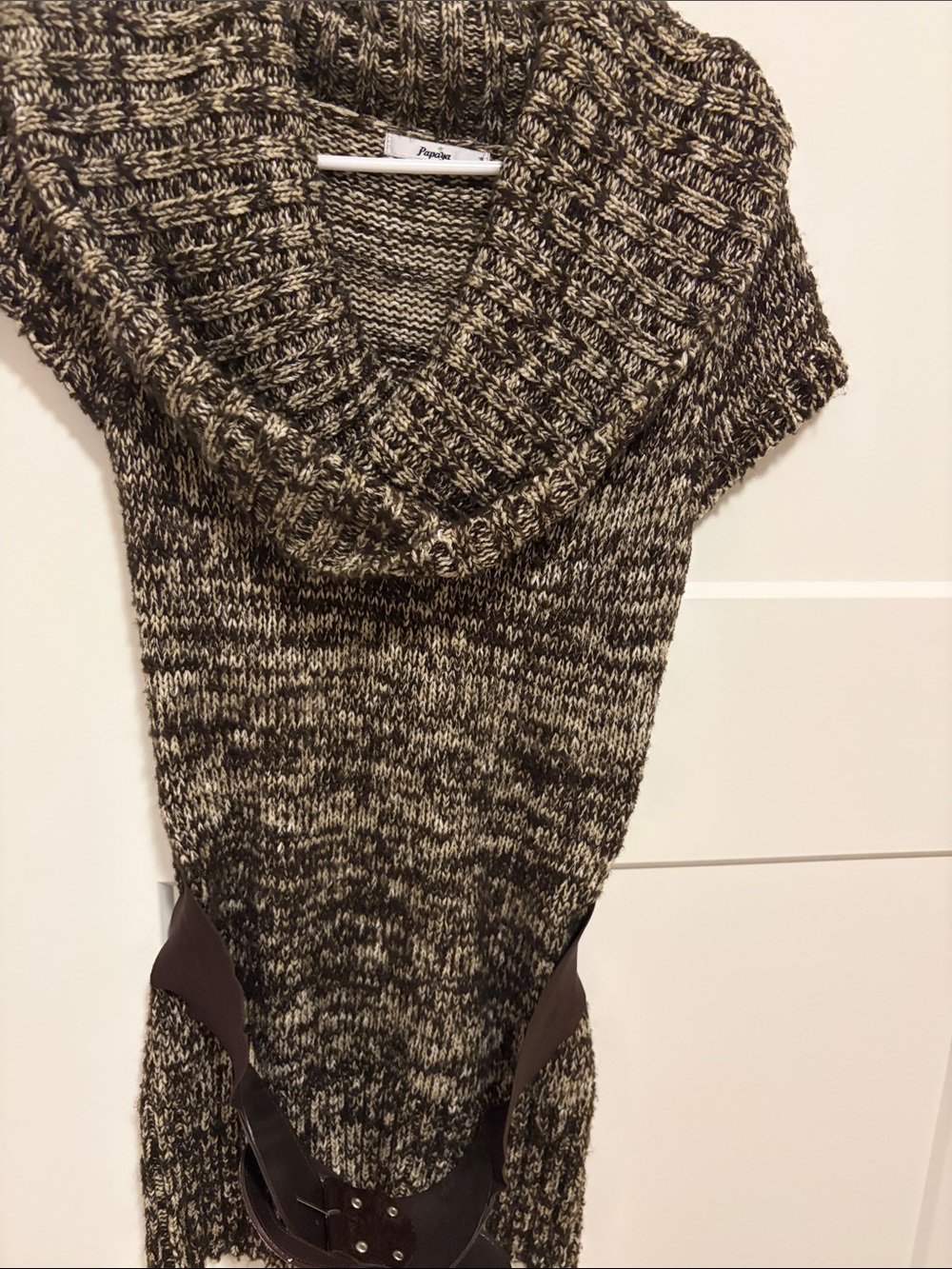 Pullover Knit Tunic Sweater in Brown Cream - Layered Cowl Neck